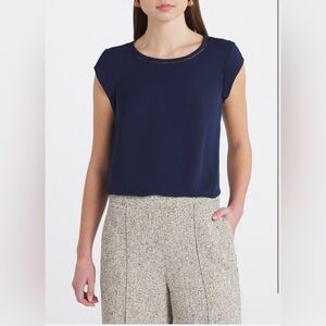 Navy Blue Women's Top with lattice trim. Size large